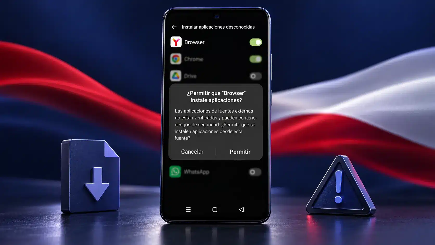 Abre el APK. Si Android bloquea instalaciones desde esa fuente, lee el aviso y, solo si reconoces el origen, autoriza temporalmente esa fuente concreta. El resultado esperado es que puedas continuar con el instalador, no que queden habilitadas todas las fuentes.