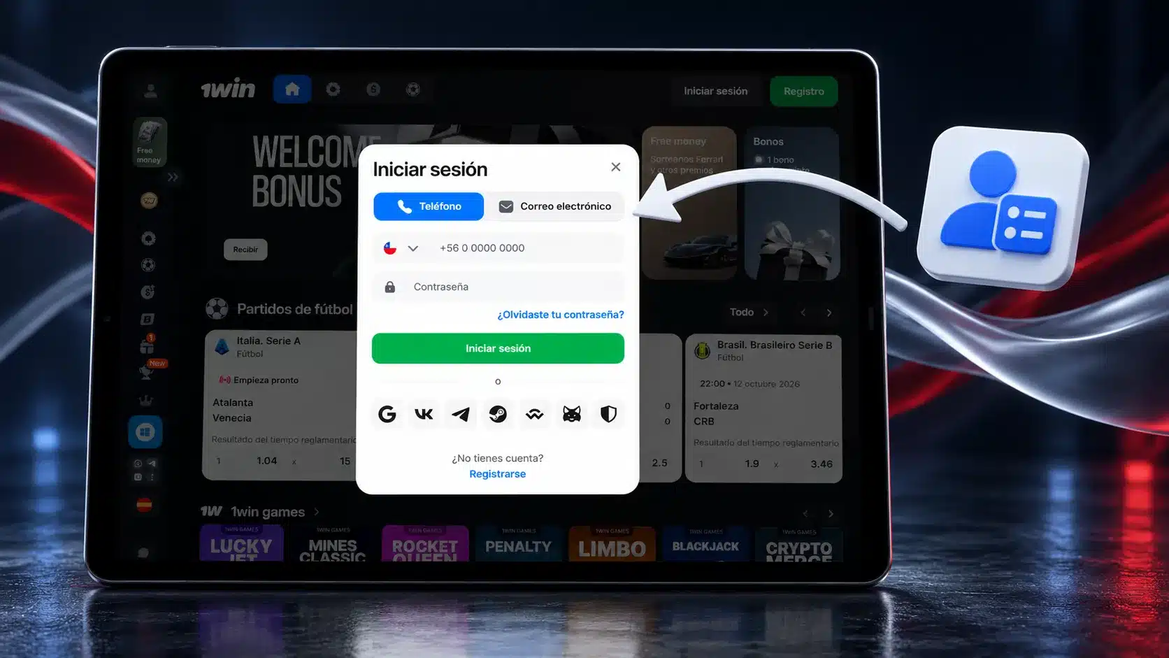 Abre «Iniciar sesión» en la plataforma 1win y selecciona el método con que accedes a tu cuenta.